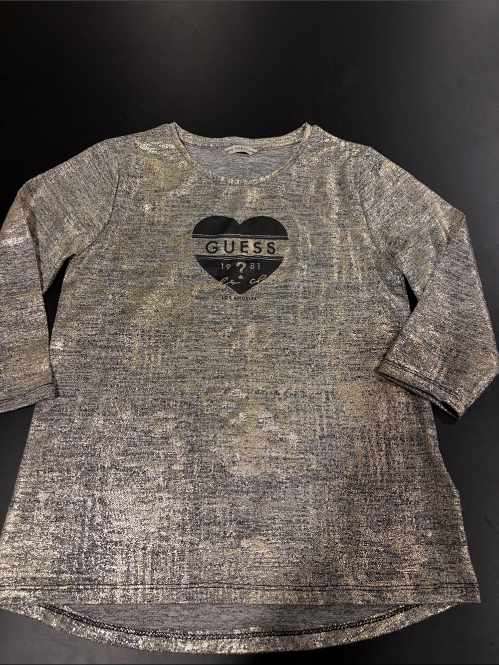 GUESS Metallic Silver Heart Logo Long Sleeve Tee